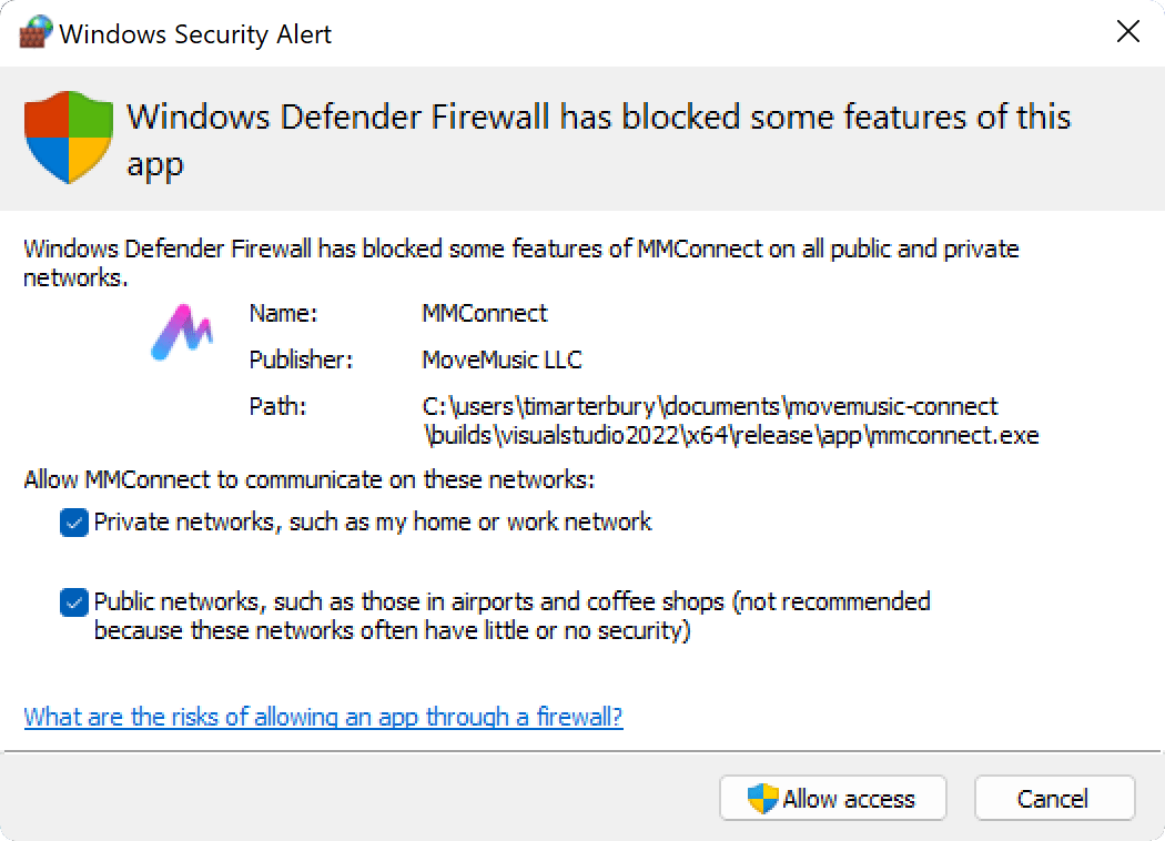 Screenshot of a Windows Security Alert that was prompted by the MMConnect app that says 'Windows Defender Firewall has blocked some features of this app'.